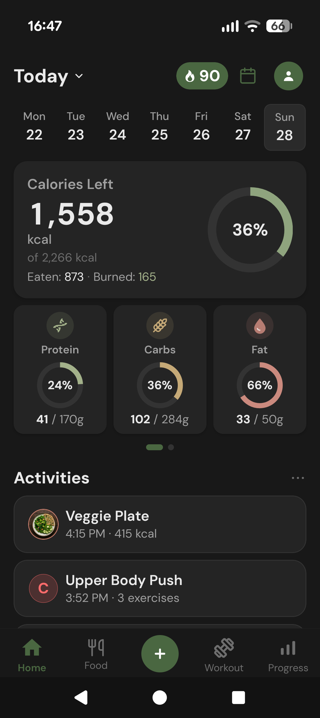 Caloriva home dashboard with calories, macros, meals, and workouts