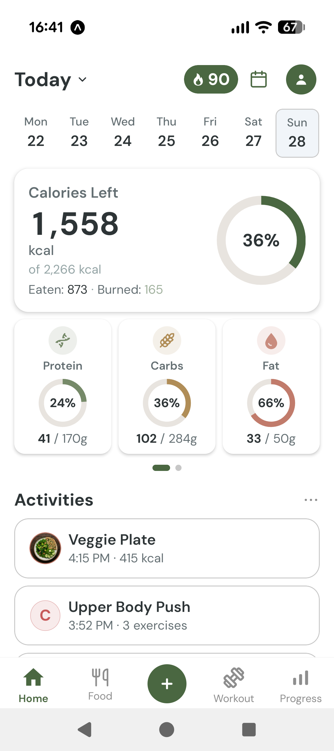 Caloriva home dashboard with calories, macros, meals, and workouts
