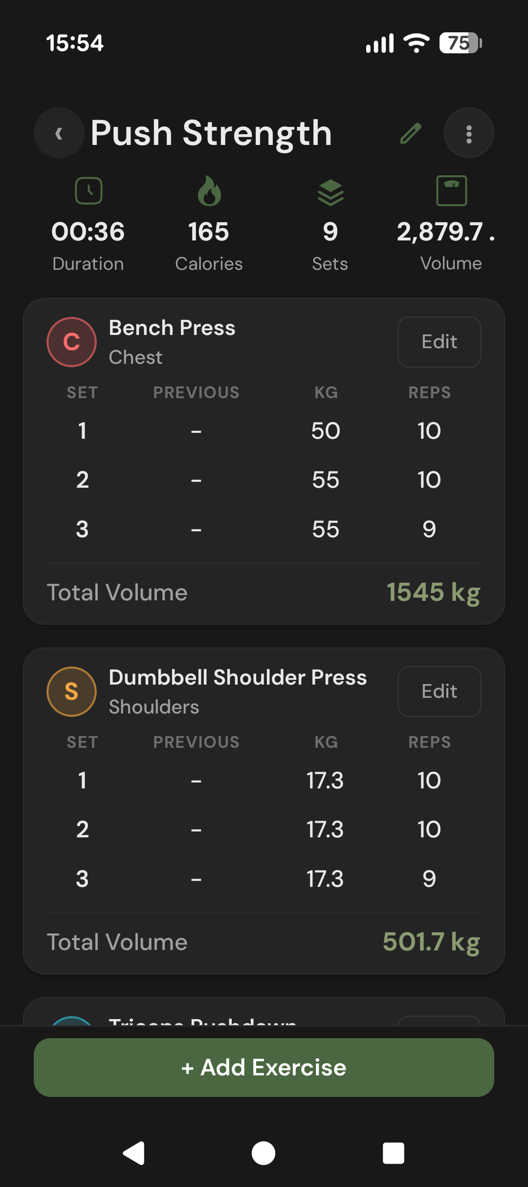 Caloriva strength workout tracking details