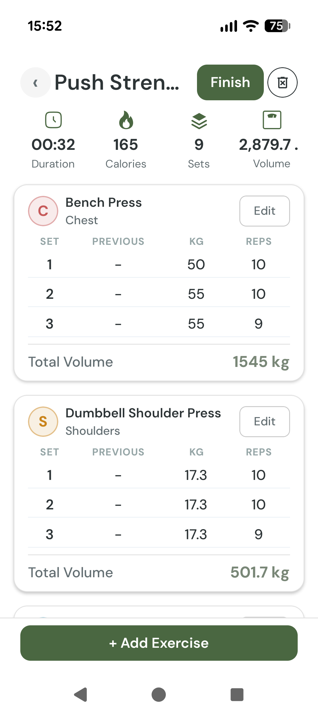 Caloriva strength workout tracking details